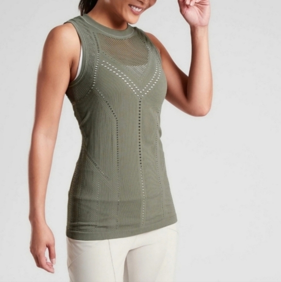 Athleta Oxygen Laurel Olive top with mesh design - Picture 1 of 4